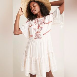 Rannna Gill Anthropologie Cream Dress with Red Embroidery